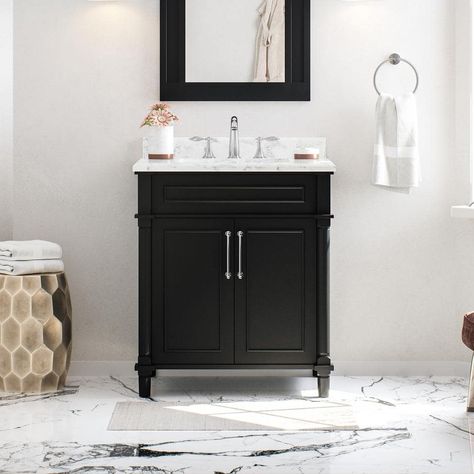 Black Vanity Marble Top, Elegant Half Bathroom Ideas, Black Vanity Bathroom Ideas, White Marble Shower, Black Bathroom Vanity, Living Bathroom, Black Bathroom Sink, Black Vanity Bathroom, Black Faucet