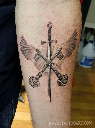 key sword wing tattoo Key With Wings Tattoo, Key With Wings, Wings Tattoo Meaning, Key Tattoos, C Tattoo, Forearm Tattoo Design, Wing Tattoo, Arm Band Tattoo, Tattoo Meaning