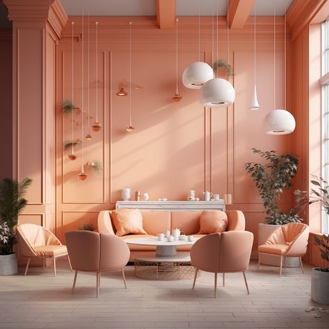 Peach Fuzz Paradise | Behance :: Behance Peach Colour Wardrobe Design, Peach Playroom, Peach Fuzz Interior Design, Krakow Apartment, Peach Living Rooms, Peach Interior, Railroad Apartment, Family Room Playroom, Peach Rooms