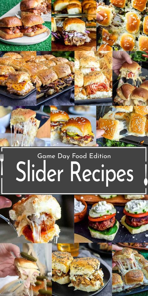 Get ready for game day with these tasty slider recipes! Whether you love classic cheeseburgers, pulled pork, or spicy chicken, sliders are the perfect bite-sized football food to eat while watching the game! Football Game Recipes Crock Pot, Bbq Beef Sliders Recipes Hawaiian Rolls, Meals For Football Sunday, Football Game Day Recipes, Game Day Menu Football, Football Recipes Dinner, Game Day Dinner Ideas Football Food, Game Day Dinners, Gameday Crockpot Recipes