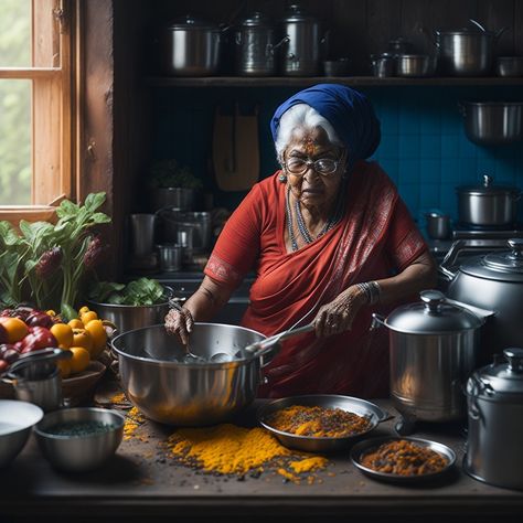 Old Indian Kitchen, Woman In Kitchen, Cakes Gone Wrong, Spices Photography, Modern Indian Art, Food Videography, Grandma Cooking, Culinary Cooking, Aesthetic Illustration