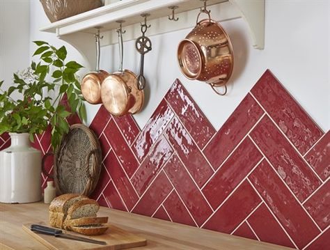 Red Tile Kitchen, Kitchen Tiles Ideas, Red Kitchen Tiles, Kitchen Wall Tiles Backsplash, Interesting Flooring, Herringbone Tiles, Red Backsplash, Skylight Kitchen, Affordable Kitchen