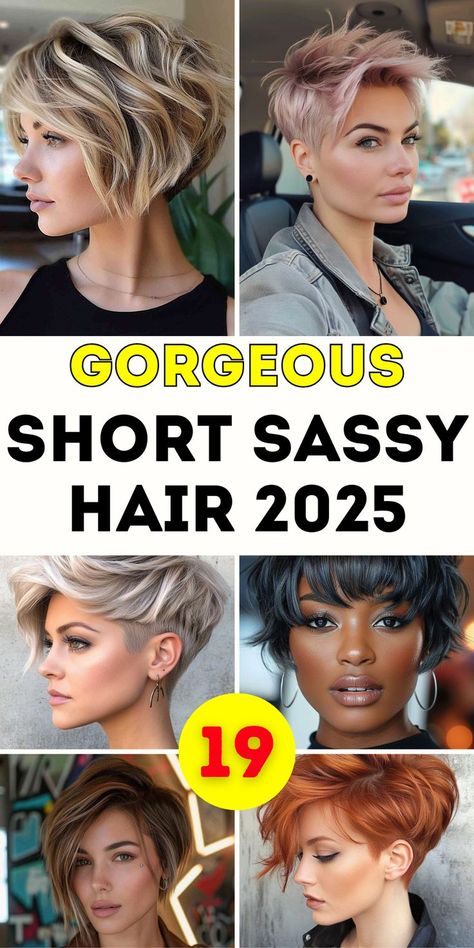 Celebrate 2025 with short sassy haircuts that redefine chic styles for women over 50. From pixie cuts with shaved sides to layered hairstyles with bangs, these cuts are ideal for black women, older women, and those with round faces. Perfect for adding confidence and elegance, these haircuts blend modern trends with timeless sophistication. Short Hairstyle Women Spikey, Short Hairstyle Women Feminine, Short Cool Haircuts For Women, Short Hair For 20 Year Olds, Punk Rock Short Hair, Modern Short Hairstyles Over 50, Unusual Short Haircuts, Shaving Hairstyles For Ladies, Short Hairstyle Women 2025 Trends