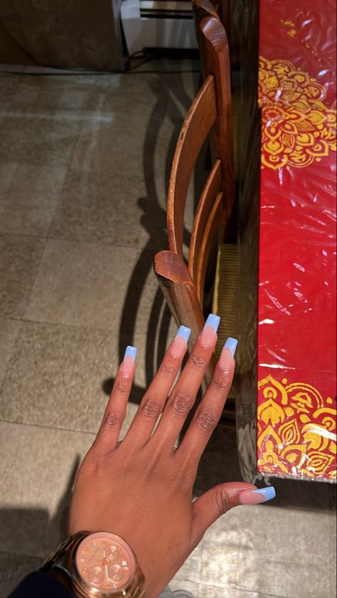 Long Blue Tip Nails, Light Blue Tips Acrylic Nails, Sky Blue Tips Nails, Light Blue Nails Acrylic French Tip, Opposite French Tip Nails, Light Blue French Tips Coffin, Blue Acrylic Christmas Nails, Blue French Tip Ideas, Blue Tip Nails Square