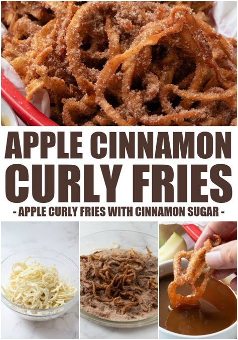 Dehydrated Cinnamon Apple Chips, Apple Cinnamon Curly Fries, Crispy Apple Cinnamon Curly Fries, Spiralized Apple Recipes, Apple Fries Air Fryer, Fair Food Ideas, Fun Fall Snacks, Apple Fries, Apple Snacks