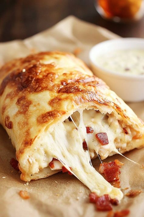 Chicken Bacon Ranch Stromboli Chicken Bacon Ranch Stromboli, Golden Pizza, Creamy Ranch Dressing, Garlic Green Beans, Baked Rolls, Chicken Bacon Ranch, Bacon Ranch, Turkey Bacon, Cook Chicken Breast