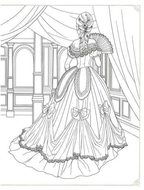 Ballgown Coloring Pages, Bridgerton Coloring Page, Victorian Coloring Pages, Fashion Colouring Pages, Dresses Coloring Pages, Fashion Coloring Pages, Dover Coloring Pages, Gaun Abad Pertengahan, Fashion Coloring Book