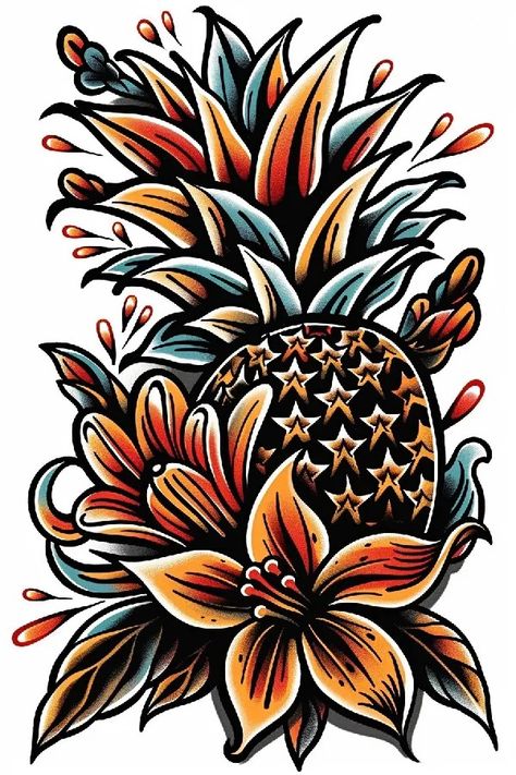 Tattoo idea: tattoo sketch Pineapple  black and whi 1 Pineapple And Flower Tattoo, Pineapple Skull Tattoo, Pineapple Sketch, Pineapple Skull, Pineapple Tattoo, Oni Demon, Idea Tattoo, New Tattoo Designs, Tattoo Sleeves