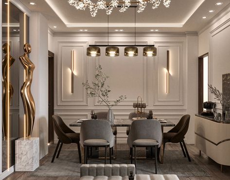 MODERN LIVING ROOM on Behance Home Decorating Ideas Living Room, Dining Area Decor, Neutral Dining Room, Drawing Room Interior, Elegant Living Room Design, Indian Home Interior, Dinning Room Design, Comfortable Dining Chairs, Dining Design