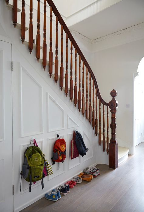 Restored Victorian banister, simply sanded and revarnished Wall Under Stairs Decor, Victorian Stairs, Victorian Staircase, Porch Railing Designs, Closet Under Stairs, Stair Paneling, Under Stairs Storage, Victorian Hallway, Stairs Storage