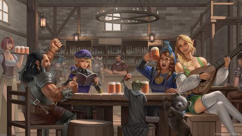 Tavern, Erick Pamungkas on ArtStation. Medieval Party, Party Characters, Drawing Cartoon Faces, Scene Drawing, Fiction Idea, Commissioned Artwork, Fantasy Images, Dnd Art, Fantasy Artist