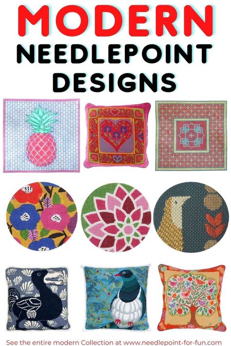 Modern needlepoint designs for the contemporary stitcher. Handpainted needlepoint canvases and kits for beginners through to experienced stitchers, all with a modern vibe. #modernneedlepoint #needlepointdesigns