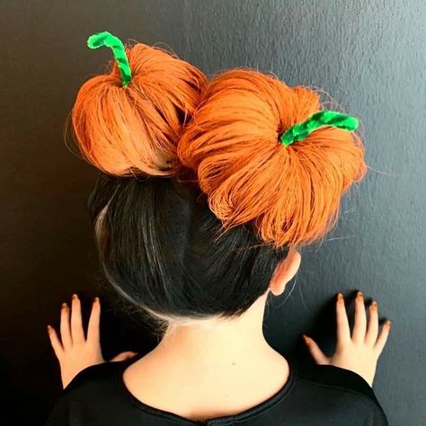 Halloween Hair Updos, Pumpkin Crazy Hair Day, Pumpkin Hairstyles For Kids, Pumpkin Bun Hairstyle, Pumpkin Space Buns Hair, Halloween Hair Ideas For Kids, Pumpkin Hair Bun, Pumpkin Buns Hair, Pumpkin Hair Styles