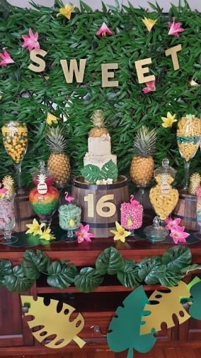 Aloha Sweet 16 Party Ideas, Tropical Desserts Table, Sweet 16 Hawaiian Theme, Sweet 16 Pool Party Ideas Themes, Hawaiian 16th Birthday Party, Hawaiian Themed Sweet 16, Luau Sweet 16 Party Ideas, Sweet 16 Luau Party Ideas, May Birthday Party Themes