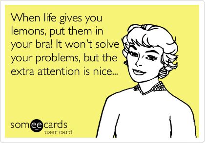 When life gives you lemons, put them in your bra! It won't solve your problems, but the extra attention is nice... Lemons Quotes Happiness, Lemons Quotes, Lemon Quotes, Dont Need You, Funny Ecards, Funny Times, Home Quotes And Sayings, Lemon Recipes, Ecards Funny