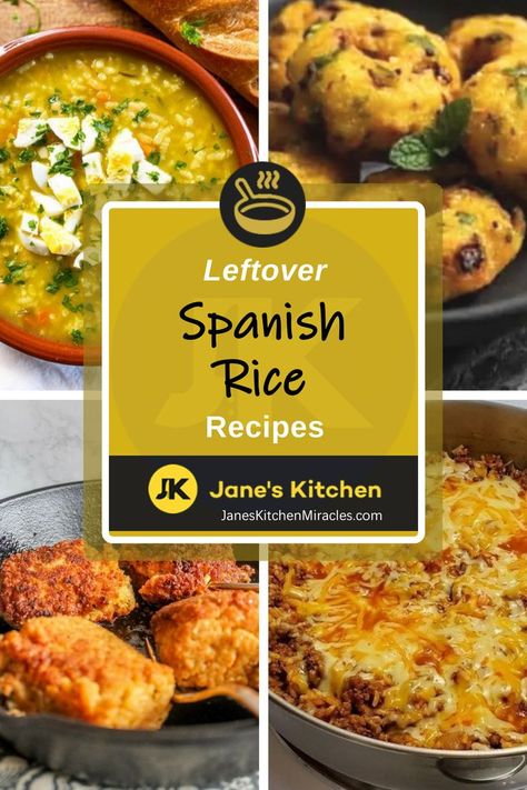 Collection of Spanish rice recipes laid out Leftover Spanish Rice What To Do With, Leftover Rice Recipes Vegetarian, Rice Leftovers Ideas, Leftover Yellow Rice Recipes, Leftover Spanish Rice Recipes, Leftover Mexican Rice Recipes, Rice Leftover Recipes, Leftover Mexican Rice, Leftover Spanish Rice