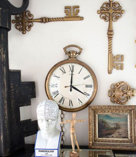 A Collage of Collectibles on Display Pocket Watch Wall, Watch Wall Clock, Watch Wall, Vintage Bedroom Decor, Vintage Home Accessories, Vintage Industrial Style, Vintage Room Decor, Antique Keys, Vintage Pocket Watch