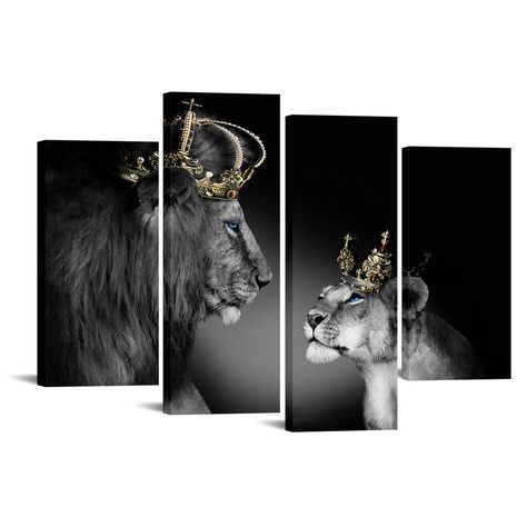 Large 4 Panel Wall Decor The Lion King and Queen with Crown Wall Art African Wild Animals Canvas Prints Pictures Black and White Modern Giclee Framed Artwork for Master Room Ready to Hang 48x33inch Lion King And Queen, Queen With Crown, African Wild Animals, Panel Wall Decor, Pictures Black And White, Lion Pictures, Bedroom Artwork, Master Room, Prints On Canvas