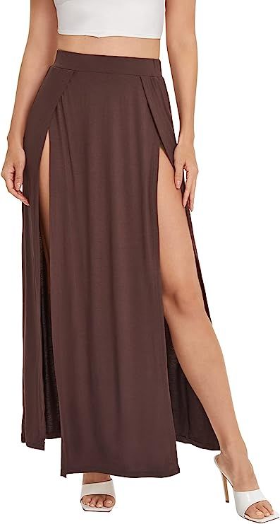 Amazon.com: Verdusa Women's Elastic Waist High Split Wrap Flowy Long Maxi Skirt Black M : Clothing, Shoes & Jewelry Formal Evening Wear, Formal Wear Women, Bodycon Casual, Maxi Rok, Nature Dress, Textured Skirt, Beachwear Skirt, Coffee Color, Split Skirt