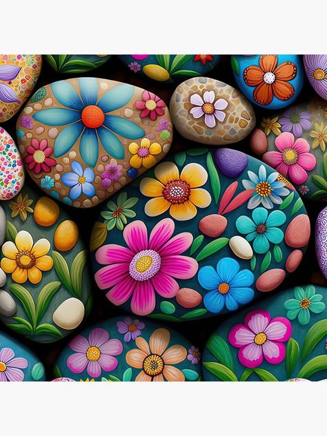 "Painted Stones" Sticker for Sale by JPugliese Dots On Rocks Stone Art, Outdoor Rock Painting, Memorial Stones Diy Painted Rocks, Flowers Rock Painting, Mini Rock Painting Ideas, Painted Rocks With Flowers, Small Painted Rocks Ideas, Painting Flowers On Rocks, Brick Painting Ideas Craft