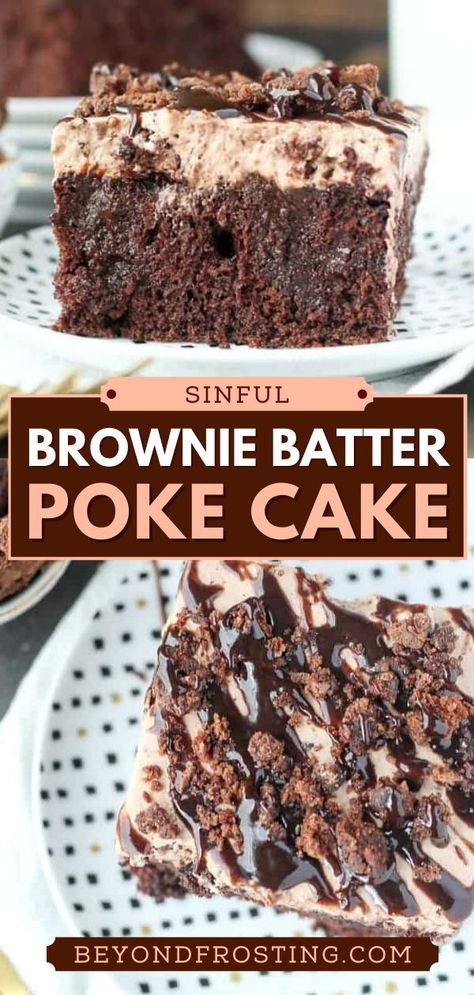 Brownie Batter Poke Cake, valentine's day treats, chocolate desserts, valentine's day recipes, date night ideas at home Cookie Dough Cake, Dessert Simple, Poke Cake Recipes, Poke Cakes, Brownie Batter, Chocolate Dessert Recipes, Poke Cake, Cake Mix Recipes, Chocolate Chip Cookie Dough