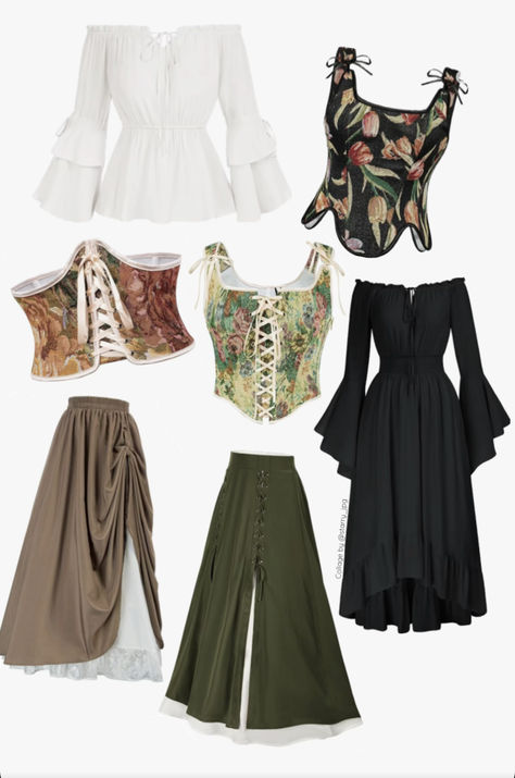 Renaissance outfit ideas for women. Off the shoulder white renaissance blouse, black floral renaissance boned bustier, renaissance corset belt, renaissance apricot floral boned bustier bodice, black renaissance faire off shoulder bell sleeve dress, brown medieval maxi skirt, army green medieval maxi skirt Fair Outfit Ideas, Fair Outfit, Ren Faire Outfits, Fair Outfits, Diy Sewing Clothes, Affiliate Links, Sewing Clothes, Sewing Dresses, Diy Sewing