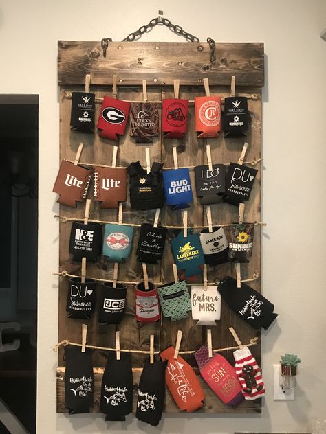 Can Koozie Display Ideas, Stubbie Holder Storage, Stubby Holder Storage, Diy Beer Coozie Holder, Koozie Organization Ideas, Can Koozie Storage Ideas, Koozie Holder Ideas, Koozie Display Ideas, Diy Koozie Holder