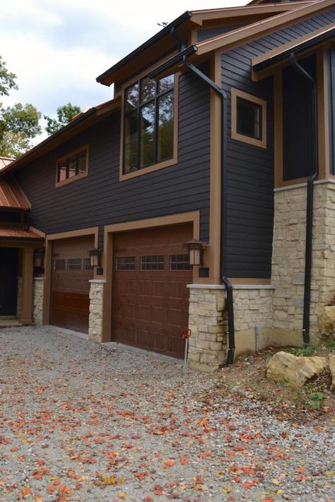 Horse Barn - Scott Architecture Exterior Cabin Colors, Copper Roof House, Wooden Garage Door, House Siding Options, Shoe Rack Ideas, Green House Exterior, Outside House Colors, Siding Styles, Exterior House Siding