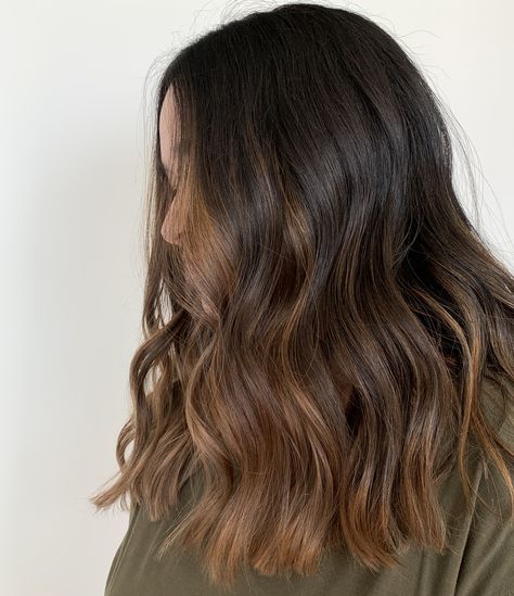 Carmel Balayage Partial, Caramel Ends On Dark Hair, Dark Hair Ombre Balayage Caramel, Partial Balayage Medium Length, Dyed Hair Ideas For Dark Brown Hair, Natural Ombre Hair Brunette, Caramel Ombre On Dark Hair, Carmel Ombre Brunettes, Subtle Partial Balayage Brunette