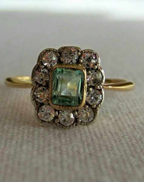 -*- Antique Emerald Engagement Ring, Vintage Emerald Engagement Ring, Diamond Halo Ring, Antique Ring, Sparkly Things, Emerald Engagement, Bling Rings, Halo Diamond Ring, Emerald Engagement Ring