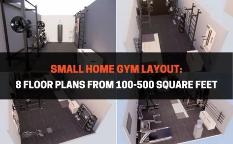 Small Home Gym Layout: 8 Floor Plans From 100-500 Square Feet | PowerliftingTechnique.com Home Gym Floor Plan, Small Garage Gym Ideas Layout, Home Gym Ideas Small Garage, Garage Gym Ideas Layout, Gym Floor Plan, 10x10 Shed, Best Home Gym Setup, Shed Gym, Garage Gym Flooring