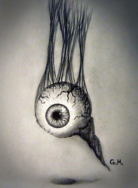 My drawing of a dangling eyeball. Pencil. Freehand, from imagination. Made using a mechanical pencil, compass, eraser pen and blending stump. Eyeball Drawing, Blending Stump, Eyeball Tattoo, Hard Drawings, View Drawing, Scary Drawings, Eyeball Art, Horror Drawing, Blue Drawings