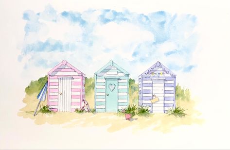 Three pretty pastel coloured beach huts in watercolour Seaside Watercolour, Watercolour Tutorial, Pastel Beach, Beach Cabin, Watercolour Illustration, Beach Huts, Beach Watercolor, Painting Medium, Watercolor Tutorials