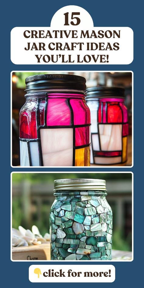 Discover 15 fun mason jar craft ideas perfect for upcycling! These jar DIY ideas are simple crafts that turn everyday mason jars into stylish décor or useful items. From creative upcycling projects to things to do with mason jars, this list is full of inspiration for easy and beautiful crafts. Perfect for adding a personal touch to your home! Repurposed Mason Jars, Repurpose Glass Jars Diy Projects, Jar Upcycle Diy Projects, Painting Mason Jars Ideas, What To Do With Small Glass Jars, How To Decorate A Mason Jar, Mason Jar Crafts To Sell, Upcycled Glass Jars, Glass Jar Upcycle