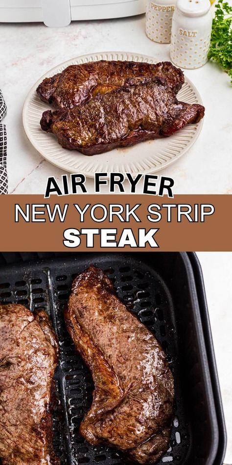 Making air fryer New York strip steak is the best way to get juicy steak in less than twenty minutes! You only need a few ingredients too! Strip Steak Air Fryer Recipes, Ninja Air Fryer Steak Recipes, New York Steak Air Fryer Recipes, Air Fry Ny Strip Steak Recipes, Stake In The Air Fryer, My Strip Steak Air Fryer, Air Fry New York Strip Steak, How To Cook My Strip Steak, Airfryer New York Strip Steak