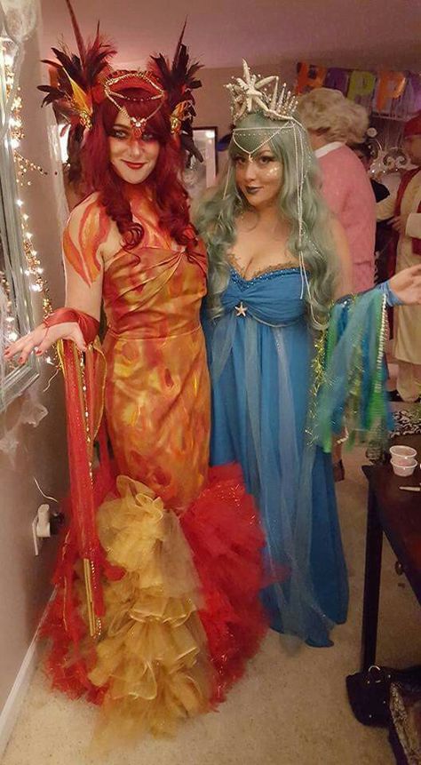 "Fire & Water" Halloween Costumes Fire Element Costume Ideas, Fire And Water Costume, Earth Air Fire Water Halloween Costumes, Fire And Ice Outfit Ideas, Fire Boy And Water Girl Costume, Water Vs Fire Fairy Outfit, Fire Witch Costume, Air Element Costume, Fire Princess Costume