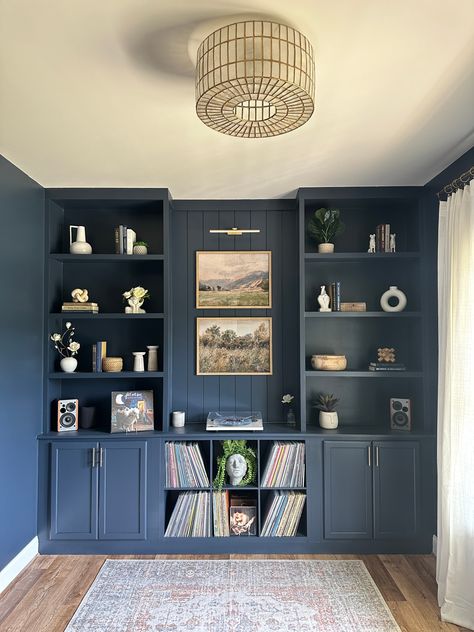 Timber & Hive – Mel & Ty Dark Built Ins Living Room, Blue Bookcase, Diy Shelf, Upper Cabinets, Room Remodeling, Diy Shelves, Room Dimensions, Basement Remodeling, Hallway Decorating