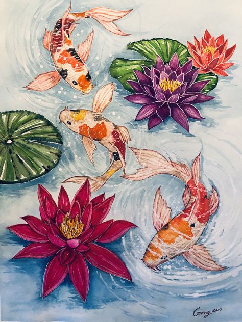 Koi Fish Aesthetic Drawing, Koi Pond Sketch, Koi Fish Drawing Colored Pencil, Koi Fish In Pond Drawing, Coy Fish Paintings, Fish In Pond Drawing, Koi Fish Pond Tattoo, Japanese Art Easy, Koi Fish Watercolor Paintings