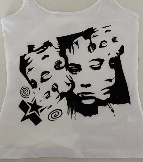 Y2k Prints Black And White, Y2k Silhouette Art, Graphic Stencil Y2k, Shirt Painting Ideas Y2k, Bleach Shirt Ideas Y2k, Graphic Tee Prints Png, Grafic Tee Design, Y2k Shirt Ideas, T Shirt Bleaching Ideas Y2k