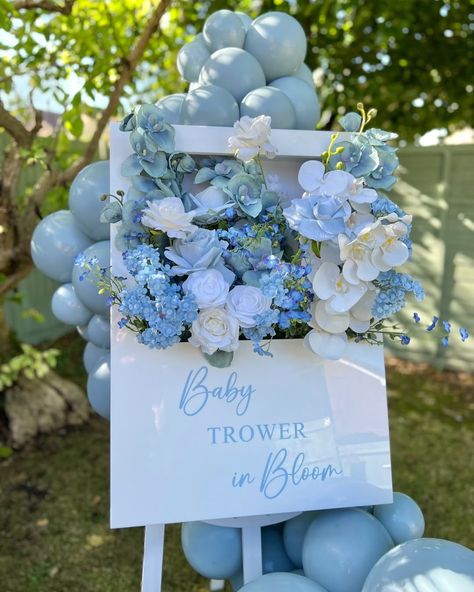 Milton Keynes Balloons & Floral Decor | Baby TROWER in Bloom 🩵 #babyshower #babyshowerdecor #welcomesign #babyshowerballoons #miltonkeynesballoons #babyinbloom | Instagram Blue And White Floral Baby Shower Decor, Baby In Bloom Baby Shower Decorations, Blue Flower Baby Shower Theme, Baby Boy In Bloom Baby Shower Theme, Sky Blue Cake Ideas, Baby In Bloom Baby Shower Theme Boy Blue, Baby In Bloom Boy Shower Ideas Blue, Dusty Blue Baby Shower Decor, Baby In Bloom Blue Shower Ideas