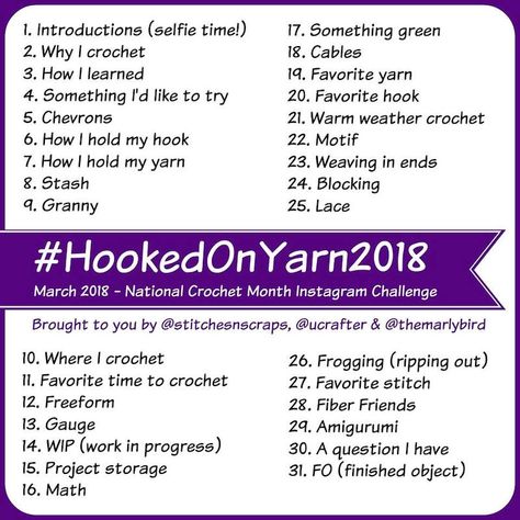 #HookedOnYarn2018 Instagram Challenge for NatCroMo18 | Every day in March, 2018, we'll be celebrating (Inter)National Crochet Month with a crochet prompt for Instagram. To join in, share a picture on Instagram that was inspired by the prompt for that day using the hashtag #HookedOnYarn2018. Join me, StitchesNScraps, and Marly Bird for #crochet fun on Instagram! Crochet Challenge, Marly Bird, Crochet Friends, Instagram Challenge, Crochet Fun, Selfie Time, Photo Challenge, That Day, Crochet Techniques