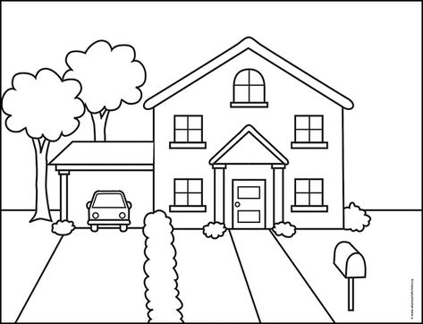 Cute House Coloring Pages, How To Draw A Simple House, Draw House Easy, How To Draw A House Easy, Cute House Drawing Simple, Dream House Drawing Easy, House Pictures Drawing, Dream House Drawing Sketch, Cartoon House Drawing