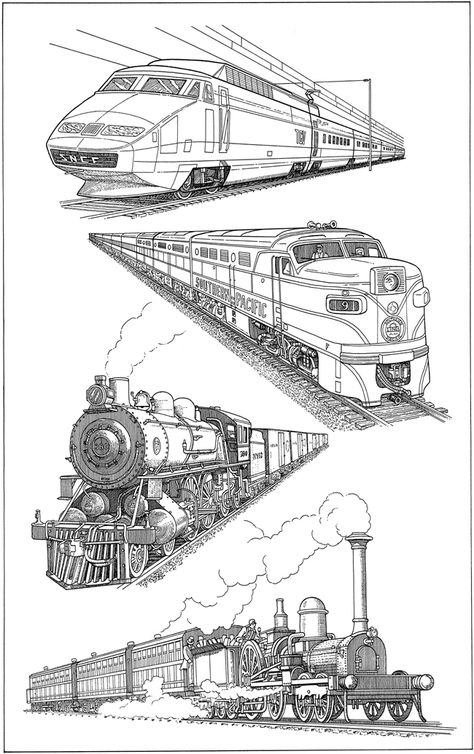 Welcome to Dover Publications Train In Perspective Drawing, Train Perspective Drawing, Train Drawing Sketches, Train Perspective, Anime Train, Train Drawings, Drawing Training, Train Sketch, Train Drawing