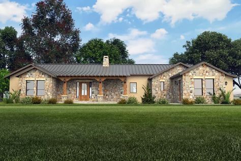 This 4 bedroom, 3 bathroom hill country house plan gives you 2,448 square feet of heated living space with a pair of bedrooms on each side of the home, leaving the middle portion wide open with the only thing breaking up the flow is a 2-sided fireplace separating the living room from the dining room and kitchen. A 582 square foot 2-car side-load garage has a smaller third bay for a drive-in more or golf cart. Architectural Designs' primary focus is to make the process of finding and buying house plans more convenient for those interested in constructing new homes - single family and multi-family ones - as well as garages, pool houses and even sheds and backyard offices.  Our website offers a vast collection of home designs, encompassing various architectural styles, sizes, and feature Texas Hill Country House Plans, Buying House, Rustic House Plans, Backyard Office, House Plans And More, Country Style House Plans, European House, Craftsman Style House Plans, Architectural Styles