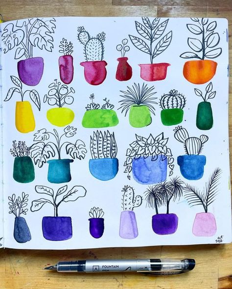 Kaitlyn Edington on Instagram: "Good morning from another “paint a blob then turn it into a doodle” page from my sketchbook. This time the plant version! 🪴 Painting general pot shapes is one of my favorite mindless prompts (along with mugs/ cups). Once the pots are dry take your favorite pen and doodle in some planties. It’s the perfect mix of relaxing with a slight creative challenge. Give it a whirl 🌿🌈☀️" Pot Shapes, Diy Paper Lanterns, Waterfall Wallpaper, Doodle Pages, Colour Painting, Watercolor Journal, Diy Watercolor Painting, Watercolor Paintings Easy, Watercolor Sketchbook