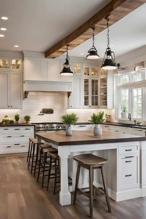 Timeless Modern Farmhouse Kitchen, Modern Ranch Home Interior, Vaulted Farmhouse Kitchen, Farmhouse Kitchen White Cabinets Wood Island, Modern Farmhouse Kitchen Design Open Concept, Kitchen Ideas For Barndominium, Cozy Transitional Kitchen, White Cabinets With Wood Accents, Modern Ranch Kitchen Ideas