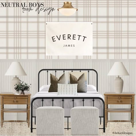 Plaid Accent Wall Nursery, Rigby Plaid Print Wallpaper, Wallpaper In Boys Room, Toddler Wallpaper Boys, Boys Room Wallpaper Ideas, Neutral Plaid Wallpaper, Boys Room Plaid Wallpaper, Toddler Boy Neutral Bedroom, Boys Plaid Bedroom