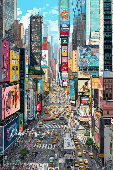 Are you someone who loves to travel and wants to bring a piece of New York City into your home? Our Times Square Print is the perfect wall art for you! This high-quality print features a beautiful watercolor painting of the iconic Times Square in New York City, USA. Important** 𝐃𝐎𝐖𝐍𝐋𝐎𝐀𝐃 𝐃𝐄𝐓𝐀𝐈𝐋𝐒 Please note this is an INSTANT DIGITAL DOWNLOAD  NO PHYSICAL PRINT will be shipped to your address  All files are 300 DPI for a high-quality print. The following sizes are included with you Paintings Of Cities, New York Wall Print, Digital Art Cityscapes, Different Type Of Art Style, New York Art Drawing, Times Square Drawing, New York Art Painting, City Illustration Art, New York City Drawing