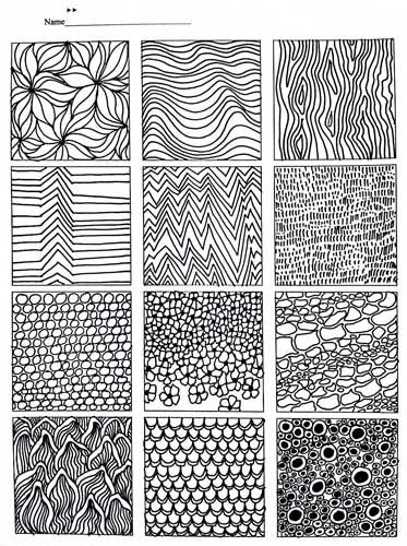 drawing using textures | Have a variety of textures: soft, smooth, rough, etc. Arte Doodle, Texture Drawing, Art Worksheets, Tangle Art, Zentangle Drawings, Doodles Zentangles, Drawing Practice, Zentangle Art, Zentangle Patterns