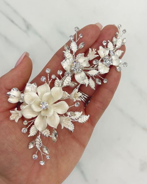 Ivory & Floral Bridal Clip - Shop Wedding Accessories | Dareth Colburn White Hair Clips Aesthetic, Wedding Veil Clip, Wedding Hair Clips Bridal Headpieces, Bridal Hair Brooch, Elf Tiara, Updo Bridal Hair, Updo Bridal, Small Weddings Ceremony, Wedding Hairpiece